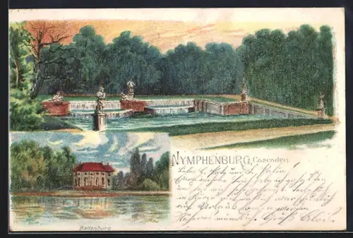 Lithographie München-Nymphenburg, Nymphenburg Kaskaden, Badenburg