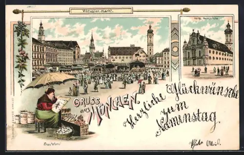 Lithographie München, Viktualienmarkt, Heilig-Geist-Kirche