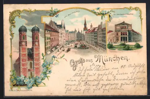 Lithographie München, Frauenkirche, Marienplatz, Theater