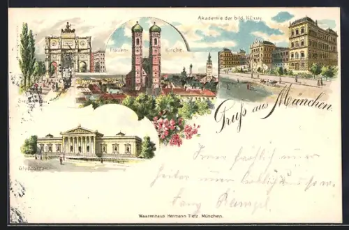 Lithographie München, Frauenkirche, Akademie der bild. Künste, Glyptothek