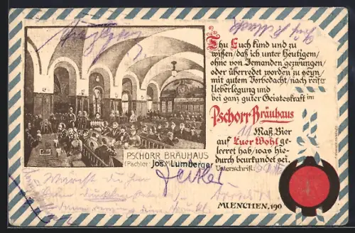 AK München, Urkunde aus dem Pschorr Bräuhaus, Pächter Jos. Lumberger