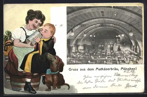 AK München, Mathäserbräu, Innenansicht des Festsaals, Münchner Kindl