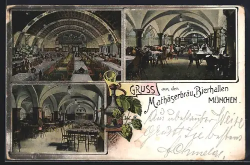 AK München, Mathäserbräu-Bierhallen, Innenansichten