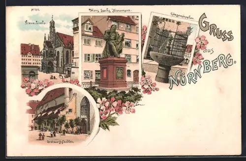 Lithographie Nürnberg, Frauenkirche, Hans Sachs Monument, Gänsemännchen, Gasthaus Bratwurstglöcklein