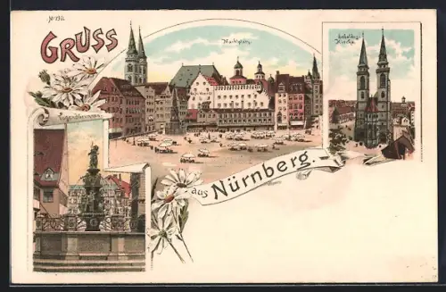 Lithographie Nürnberg, Marktplatz, Kirche, Tugendbrunnen