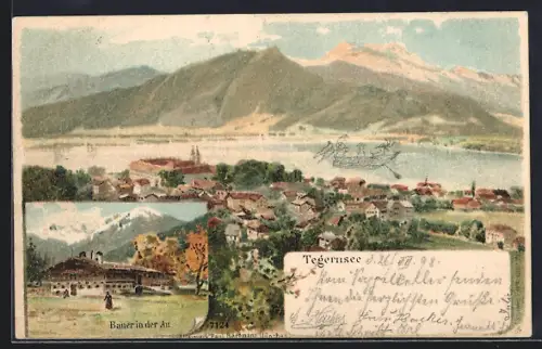 Lithographie Tegernsee, Ortsansicht, Bauer in der Au