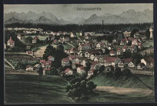 Künstler-AK Deisenhofen / Oberhaching, Ortsansicht mit Wohnhäusern