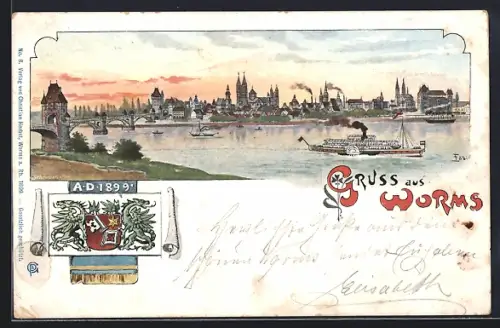 Lithographie Worms, Stadtansicht mit Rheinbrücke, Wappen