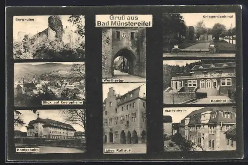 AK Bad Münstereifel, Burgruine, Werthertor, Altes Rathaus, Badehof, Kriegerdenkmal, Kneippheim