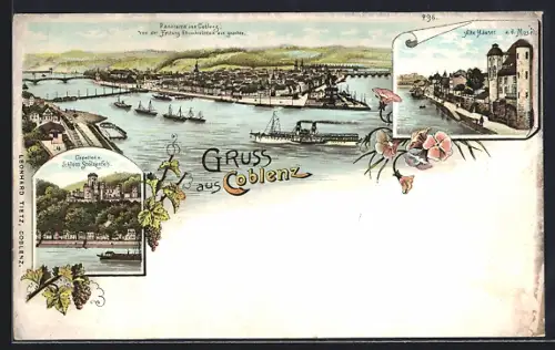 Lithographie Koblenz, Panorama, Schloss Stolzenfels, Alte Häuser an der Mosel