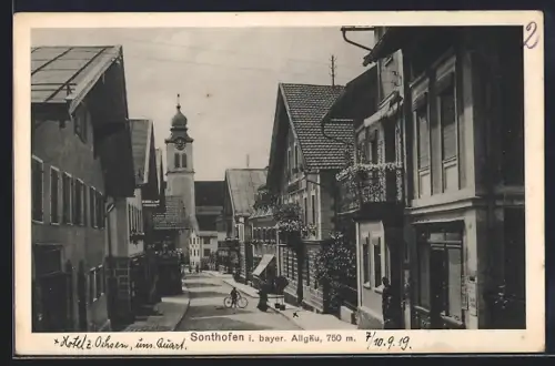 AK Sonthofen i. bayer. Allgäu, Strassenpartie mit Kirche