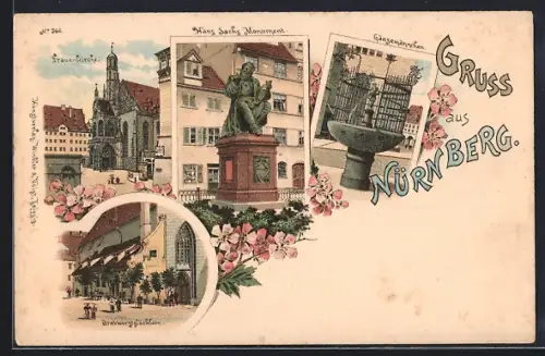 Lithographie Nürnberg, Frauenkirche, Hans Sachs Monument, Gasthaus Bratwurstglöcklein, Gänsemännchen
