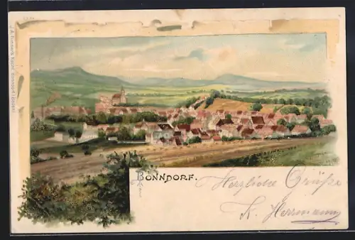 Lithographie Bonndorf / Schwarzwald, Ortsansicht mit Kirche und umliegender Landschaft