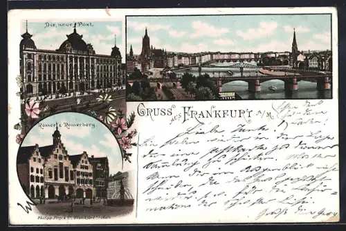 AK Frankfurt a. M., Neue Post, Römer & Römerberg, Mainbrücke