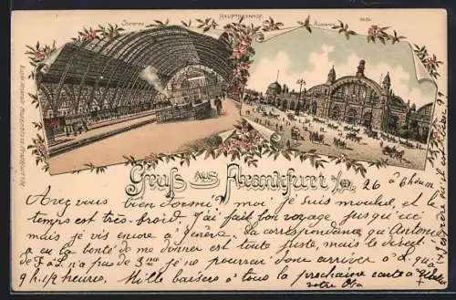 Lithographie Frankfurt a. M., Hauptbahnhof, Innen- und Aussenansicht