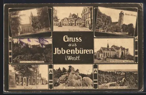 AK Ibbenbüren i. Westf., Marktplatz, Kloster, Bahnhof, St. Elisabeth Hospital