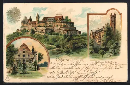 Sonnenschein-AK Coburg, Veste, Schloss Callenberg, Schloss Rosenau