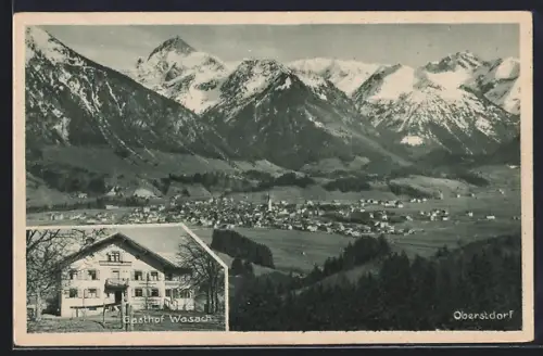 AK Oberstdorf im b. Allgäu, Gasthof Wasach, Ortsansicht gegen die Berge