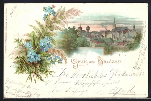 Lithographie Bautzen, Ortsansicht bei Sonnenuntergang