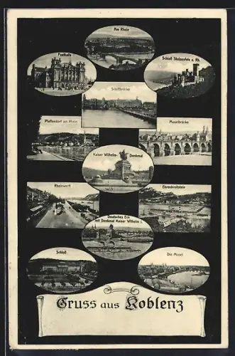 AK Koblenz, Schiffbrücke, Deutsches Eck, Schloss