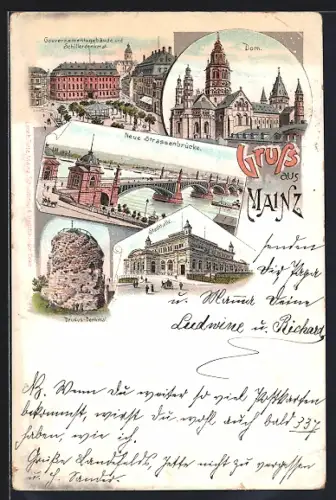 Lithographie Mainz, Dom, Stadthalle, Neue Strassenbrücke