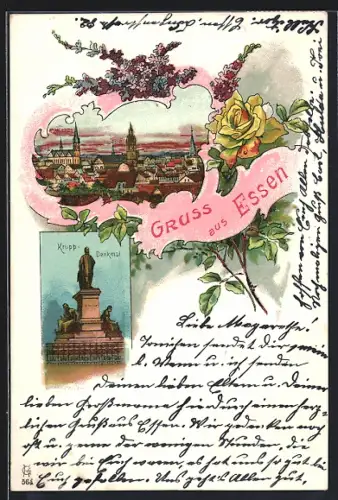 Lithographie Essen, Krupp-Denkmal, Ortsansicht aus der Vogelschau
