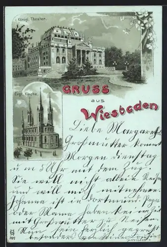 Mondschein-Lithographie Wiesbaden, Evgl. Kirche, Königl. Theater