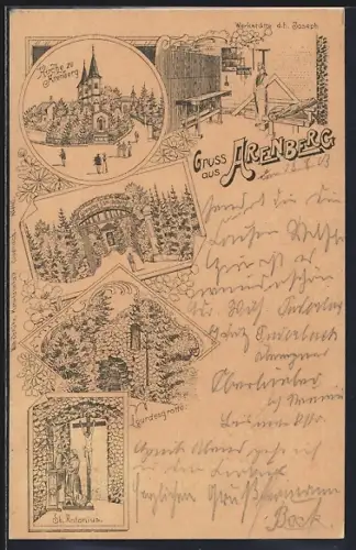 Lithographie Arenberg, Kirche, Lourdesgrotte, Eingang zum Ölberg