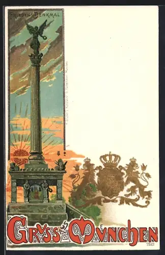 Lithographie München, Friedensdenkmal und Wappen
