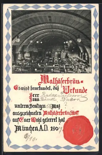 AK München, Gasthaus Mathäserbräu, Urkunde