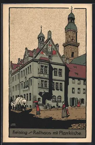 Steindruck-AK Freising, Rathaus mit Pfarrkirche, Planwagen