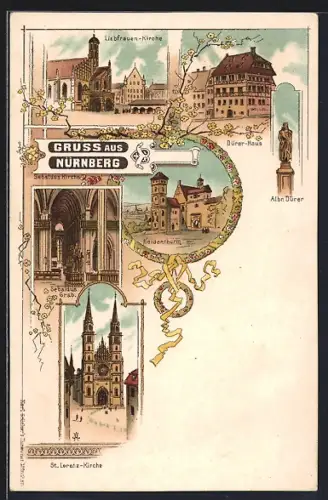 Lithographie Nürnberg, Liebfrauenkirche, Dürer-Haus, Sebaldus Grab, St. Lorenz Kirche
