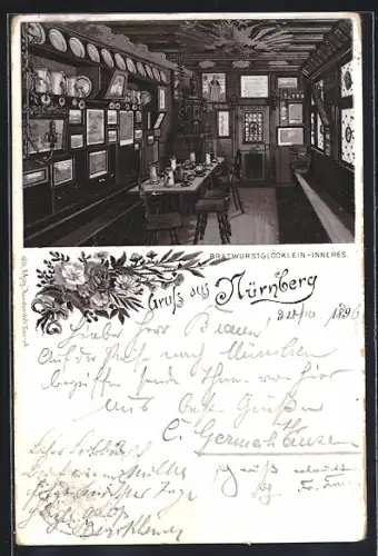 Lithographie Nürnberg, Innenansicht vom Restaurant Bratwurstglöcklein