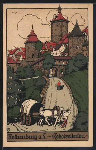 Steindruck-AK Rothenburg ob der Tauber, Kobolzellertor, Fuhrwerk