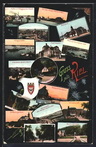 AK Kiel, Hafen mit Kruppscher Werft, Bahnhof, Kriegshafen, Stadttheater, Universität, Wasserallee, Kaiserliche Werft