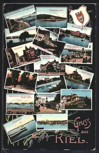 AK Kiel, Strandpromenade mit Kriegshafen, Stattheater, Düsterbrooker Allee & Marine-Akademie