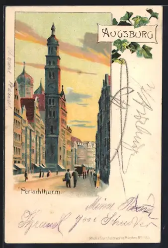 Künstler-AK Augsburg, Strasse am Perlachthurm