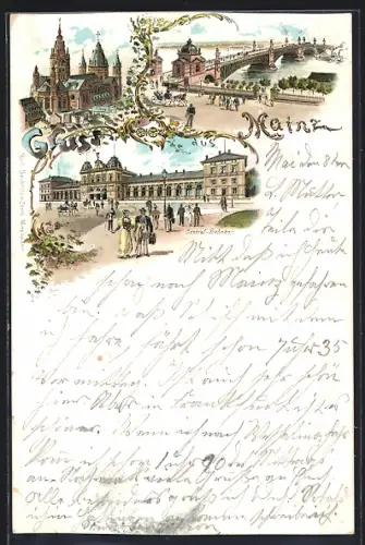 Lithographie Mainz, Central-Bahnhof, Brücke
