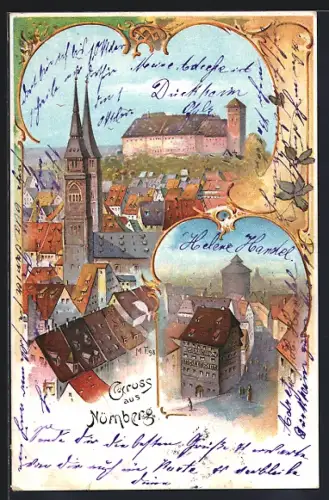 Lithographie Nürnberg, Blick auf die Burg, Strassenpartie am Dürerhaus