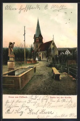 AK Uhlbach / Obertürkheim, Partie bei der Kirche, mit Brunnen