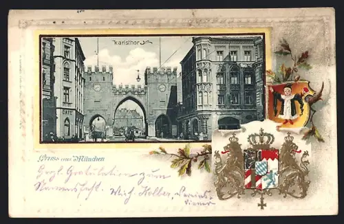 Passepartout-Lithographie München, Karlstor, Café, Wappen