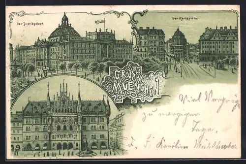 Lithographie München, Justizpalast, Karlsplatz