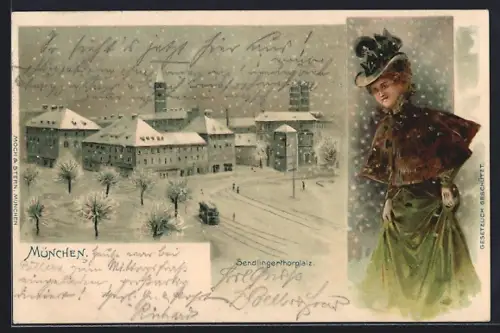 Winter-Lithographie München, Sendlingerthorplatz im Schnee