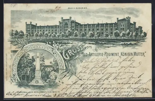 Lithographie München, Max II Kaserne, III. Feld-Artillerie-Regiment Königin Mutter, Denkmal der Gefallenen von 1870-71