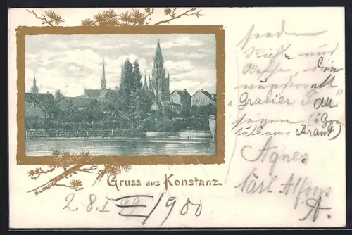 Passepartout-Lithographie Konstanz, Ortsansicht vom Fluss aus