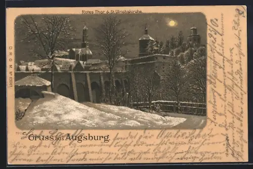 Mondschein-Lithographie Augsburg, Rotes Thor, St. Ulrichskirche im Vollmondlicht