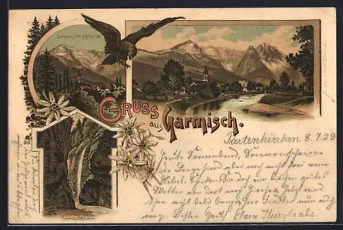 Lithographie Garmisch, Ortsansicht mit Höllenthal, Partnachklamm