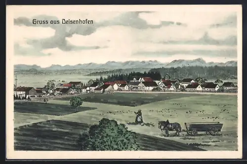 Künstler-AK sign. Hans Pernat: Deisenhofen / Oberhaching, Ortsansicht mit Feld