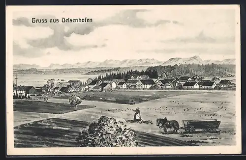 Künstler-AK sign. Pernat: Deisenhofen / Oberhaching, Ortsansicht mit Feldern und Bergen im Hintergrund