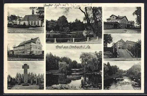 AK Limbach i. Sa., Platz der Nationalen Erhebung, Stadtpark, Bahnhof, Stadtbank und Sparkasse